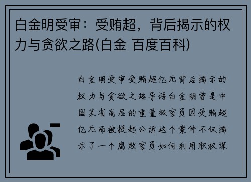 白金明受审：受贿超，背后揭示的权力与贪欲之路(白金 百度百科)